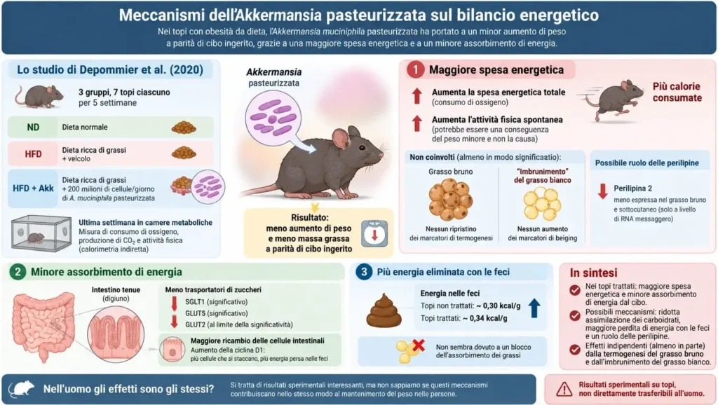 Akkermansia e bilancio energetico Infografica che illustra come agisce l'Akkermansia relativamente agli effetti sul bilancio energetico