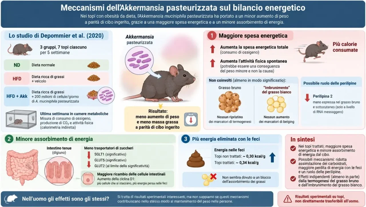 Akkermansia e bilancio energetico Infografica che illustra come agisce l'Akkermansia relativamente agli effetti sul bilancio energetico