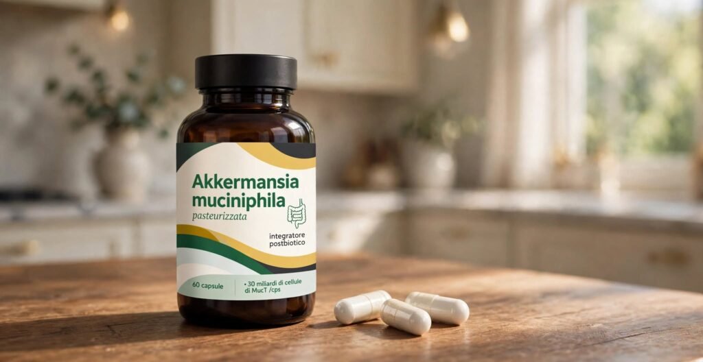 Come agisce l'Akkermansia pasteurizzata: flacone di integratore con tre capsule su un tavolo di cucina